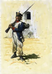 First Empire (1804-1804 og 1815): infanterisoldat og skytter av den franske infanteribrigaden til den store Napoleonshæren i et fort. Tegning av Alessandro Lonati.
