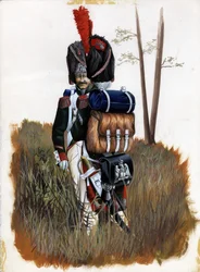 First Empire (1804–1814 og 1815): Grenadersoldater fra Royal Guard of the Great Napoleonic Armee i Italia. Tegning av Alessandro Lonati