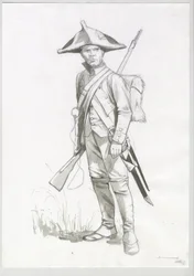 First Empire (1804-1814 og 1815): kostyme til en Napoleonsk hærsoldat, fransk skytter. Tegning av Alessandro Lonati