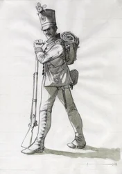 First Empire (1804-1814 og 1815): kostyme til en infanterisoldat fra linjeinfanteriet til den østerriksk-ungarske (østerriksk-ungarske) hæren. Tegning av Alessandro Lonati