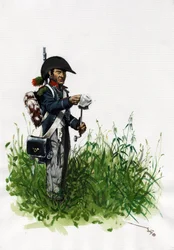 First Empire (1804–1814 og 1815): soldat infanterist jeger av den store franske Napoleonshæren. Tegning av Alessandro Lonati