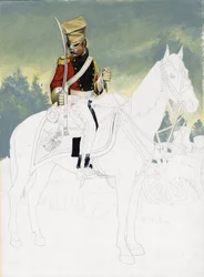 First Empire (1804–1814 og 1815): soldat fra det lette kavaleriet til den store franske Napoleonshæren. Uferdig tegning av Alessandro Lonati.
