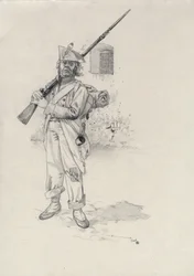 First Empire (1804-1814 eller 1815): soldat fra Napoleon-hæren, infanteristsoldat fra en brigade av ryttere i et fort. Tegning av Alessandro Lonati