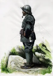 Første verdenskrig 1914-1918: Alpine jegeroffiser (alpejeger) av den italienske hæren på Front des Alpes. Tegning av Alessandro Lonati