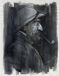 Første verdenskrig 1914-1918: Profilportrett av en soldat fra den italienske hæren som røyker pipe i 1915. Tegning av Alessandro Lonati