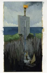 Illustrasjon av myten om øya forsvant under Atlantishavet (Atlantis): inngangsporten til den greske byen på den legendariske øya før den forsvant. Båtene passerer mellom to klipper. Fargetegning av Alessandro Lonati.