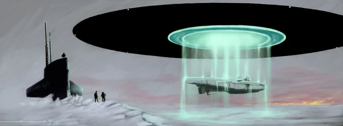 Møte ved Nordpolen mellom en U-båt og en flygende tallerken (UFO eller romvesen) for tilbakelevering av en ubåt som ble tatt av romvesener under krigen. Tegning av Alessandro Lonati