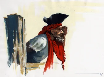 Pirate of the Caribbean ser på horisonten. Tegning av Alessandro Lonati.