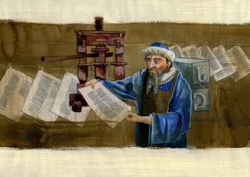 Portrett av Johannes Gensfleisch dit Gutenberg (1400-1468), tysk trykker (Portrett av Johannes Gutenberg) Illustrasjon av Alessandro Lonati