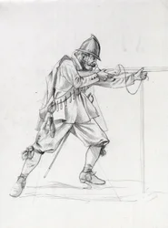 Portrett av en fartøyssoldat fra 1600-tallet som setter seg selv i skyteposisjon. Tegning av Alessandro Lonati.