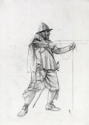 Portrett av en fartøyssoldat fra 1600-tallet som setter seg selv i skyteposisjon. Tegning av Alessandro Lonati.
