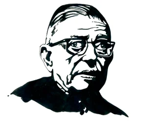 Portrett av den franske forfatteren, filosofen og dramatikeren Jean-Paul (Jean Paul) Sartre Tegning