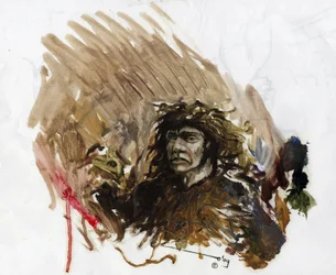 Forhistorie: representasjon av en neandertaler eller neandertalermann i midtpaleolitikum. Tegning av Alessandro Lonati