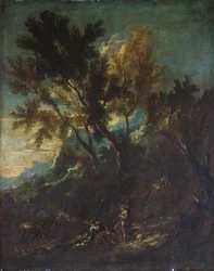 Et fjelllandskap med pastorale figurer