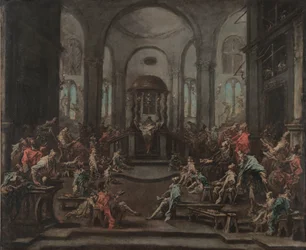 Interiør i en synagoge, ca. 1725–35 (olje på lerret)