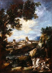 Landskap med karmelittbrødre som ber ved en helligdom ved veikanten, ca. 1720 (olje på lerret)