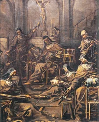 Nonner som spinner og broderer, av Alessandro Magnasco, kjent som Lissandrino (1667-1749)