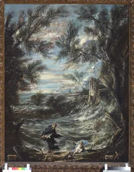 Saint Augustine and the baby (St Augustine And The Baby). Maleri av Alessandro Magnasco kjent som il Lissandrino (1667-1749)