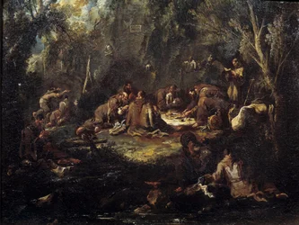 Scene av klosterlivet Munkene frokost, ber og leser i en underskog. Maleri av Alessandro Magnasco