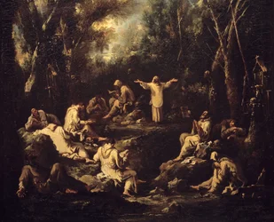 Scener av klosterlivet. Munker i ulike bønnestillinger og i ulike daglige yrker. Maleri av Alessandro Magnasco (1667-1749). Museum for dekorativ kunst. Paris.