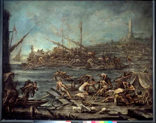 Bordingen av galerianerne i havnen i Genes Painting av Alessandro Magnasco (1667-1749). Dim. 1,16 x 1,42. Bordeaux, Museum of Fine Arts