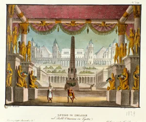 Et deilig sted: utsikt fra det indre av et tempel med statuer Scenografi for balletten "" Octavian in Egypt "" av den italienske koreografen Giovanni Galzerani (1780-1865) (1828). Litografi i "" Alexanders samling av naturskjønne oppfinnelser fra 1830