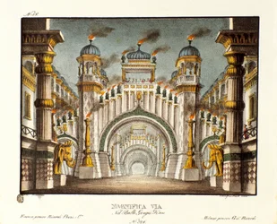 Et tempel på tidspunktet for Genghis Khan Scenografi for balletten "" Genis-Kan "av den italienske koreografen Giovanni Galzerani (1780-1865) (1828). Litografi i "" Samling av naturskjønne oppfinnelser fra 1830 av Alessandro Sanquirico (1777-1849) "". Mila