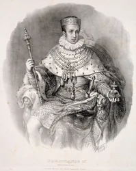 Ferdinand I (1793-1875), konge av Lombardia-Venetia, i statsdrakt, fra «Kroningen av Hans keiserlige og kongelige majestet Ferdinand I, konge av kongeriket Lombardia-Venetia», utgitt 1838