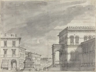 Piazza med et ridemonument og et palass