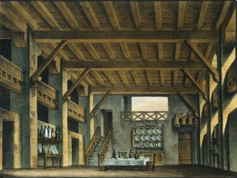 Scenografi for operaen "L'elisir d'amore"" (Kjærlighetens eliksir) av Gaetano Donizetti (1797-1848) for forestillingen på Teatro della Canobbiana i Milano 12.05.1832. Tegning av Alessandro Sanquirico (1777-1849)