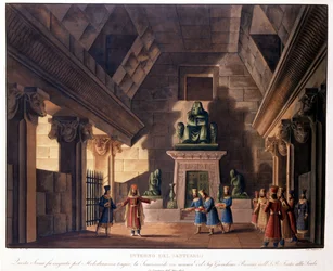 Scenografi av Sanquirico for operaen "Semiramis" "(Semiramide) av Gioacchino Rossini representerer på Teatro alla Scala