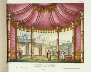 The Pavilion of Muhammad (Act II) Scenografi for forestillingen på Teatro alla scala i Milano i 1829 av operaen "Beleiringen av Korint" (eller beleiringen av Korint) av Gioacchino Rossini (eller Gioachino) (1826). Litografi i "" samling av oppfinnelser