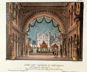 Vestibylen til slottet Montolino i Bretagne Scenografi for forestillingen på Teatro alla scala i 1829 av operaen "La straniera" "(1828) av Vincenzo Bellini. Litografi i "" Samling av naturskjønne oppfinnelser fra 1830 av Alessandro Sanquiri