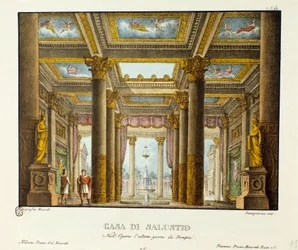 Utsikt over House of Salustio (Saluste) Scenografi for representasjon av Giovanni Pacinis "The Last Day of Pompei" (The Last Day of Pompei). Litografi i "" Samling av naturskjønne oppfinnelser fra 1830 av Alessandro Sanquirico (1777-1849) "". Milan