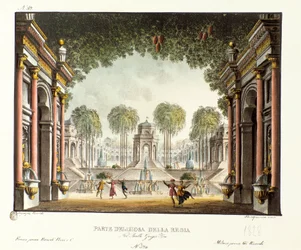 Utsikt over Royal Court of the Palace of Genghis Khan Scenografi for balletten "" Genis-Kan "" av den italienske koreografen Giovanni Galzerani (1780-1865) (1828). Litografi i "" Samling av naturskjønne oppfinnelser fra 1830 av Alessandro Sanquirico (1777-