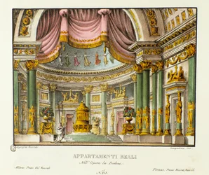Utsikt over det kongelige palasset til dronningen av Kartago Didon Scenografi for representasjon av den lyriske tragedien "" Didone" (Didon) (1783) av komponisten Niccolo Vito Piccinni (eller Piccini) etter operaen til Metastasio (Metastase)