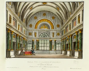 Utsikt over palasset til kongen av Syracuse Argirio Scenografi for forestillingen i Milano i 1829 av operaen "Tancredi" (eller Tancrede) av Gioacchino Rossini (eller Gioachino) (1813) etter Voltaires stykke "Tancrede". Litografi i "" Raccolta di invenzion