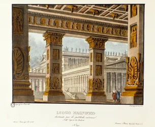 Utsikt over palasset hvor offentlige høringer finner sted Scenografi for representasjon av den lyriske tragedien "" Didone"" (Didon) (1783) av komponisten Niccolo Vito Piccinni (eller Piccini) etter operaen til Metastasio (Metastase). Litografi i "" Raccol