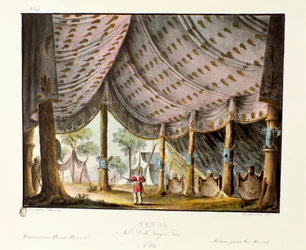 Utsikt over det kongelige teltet til Genghis Khan Scenografi for balletten "" Genis-Kan "av den italienske koreografen Giovanni Galzerani (1780-1865) (1828). Litografi i "" Samling av naturskjønne oppfinnelser fra 1830 av Alessandro Sanquirico (1777-1849) 