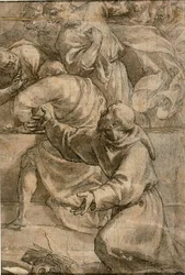Fragment av en antagelsesscene (): Apostler, med Frans av Assisi i forgrunnen