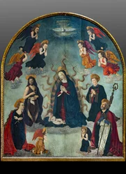 Madonna og barn med hellige (olje på panel)
