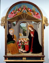 Fødselen. Maleri av Esiguo Maestro (1400-tallet). Olje på lerret. Mål: 0,88 x 0,57 m. Rouen, Museum of Fine Arts