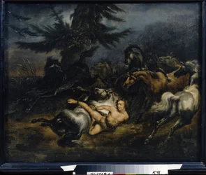 Ivan Mazepa (Jean Mazeppa) (1639-1709). Etter å ha blitt fanget i flagrante delicto av utroskap, blir han tjæret og bundet naken på en villhest som frakter ham til de ukrainske steppene. Maleri av Alexander Osipovich Orlowski (1777-1832), hu