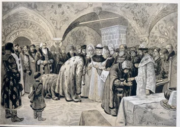 Mottakelsen av tsarinaen etter påskematineene. Verk av Alexander Andreyevich Chikin (1865-1924), litografi. russisk kunst