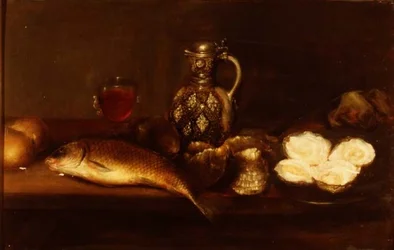Et frokoststilleben med steintøymugge, fisk og østers