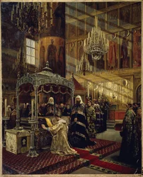 Tsar av Russland Alexis I Mikhailovitch, kjent som den meget fredelige tsaren (1629-1676) og patriark Nicon (1605-1681) på kisten til Filip I, hovedstaden i Moskva (tsar Alexei I Michailovich og patriark Nikon ved kisten til Filip I. , Metropolitan