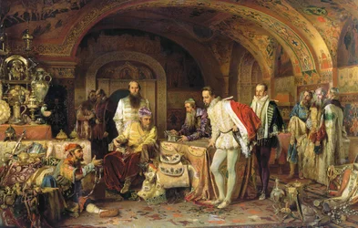 Ivan IV av Russland viser skattene sine til ambassadøren for dronning Elizabeth I av England, 1875.