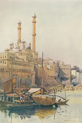 Ghats under Aurangzebs moske, Benares, ca 1880 1905.