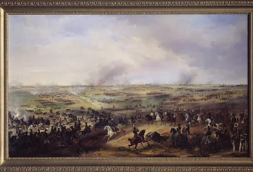 Folkeslaget ved Leipzig (Tyskland) i oktober 1813. (Eller slaget ved Leipzig, episode under den tredje koalisjonen, felttoget i Tyskland under Napoleonskrigene). (1783-1844). Tysk kunst fra 1800-tallet