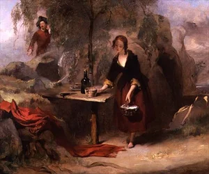 Alice, datteren til Donald Beanham forbereder frokost for Edward Waverley (olje på lerret)